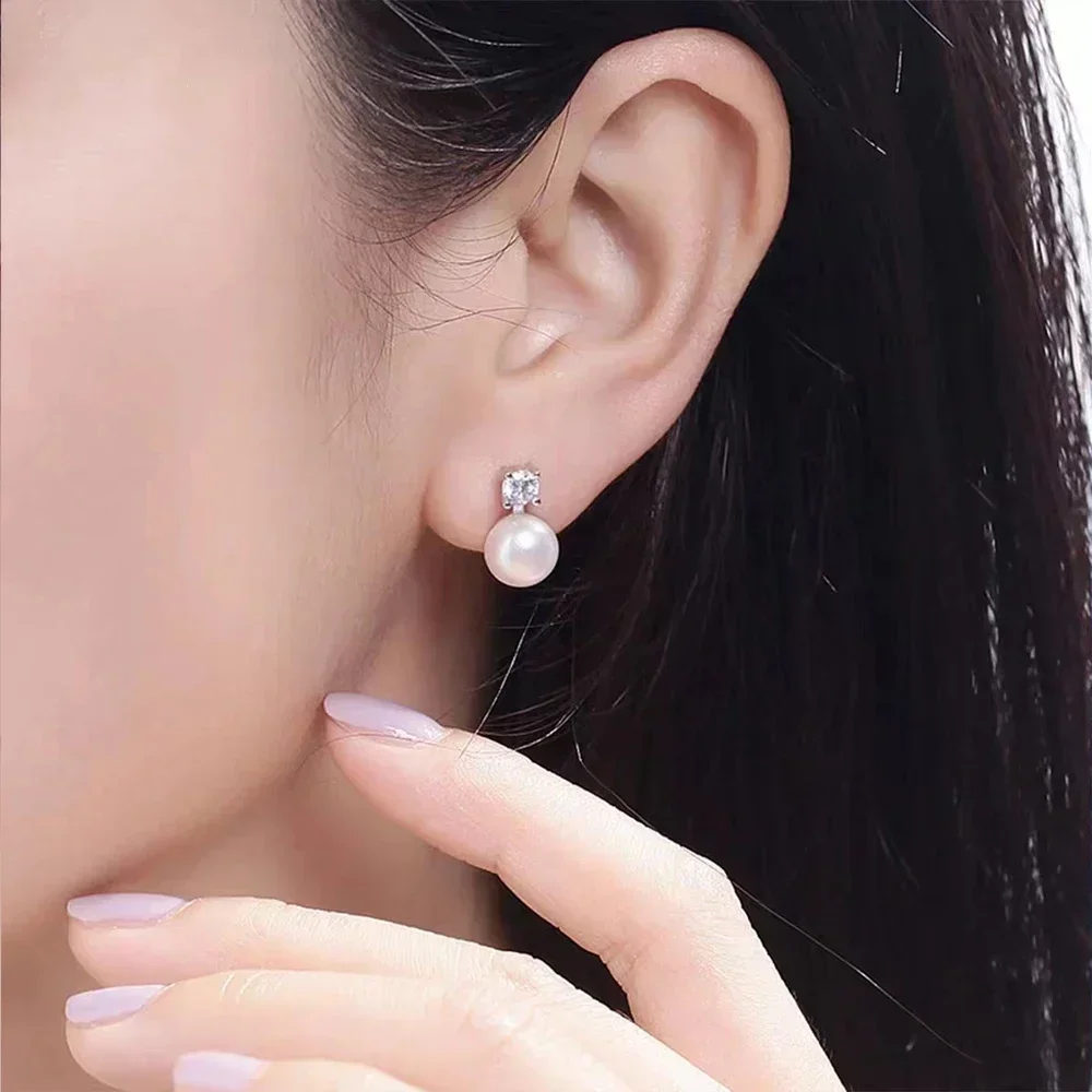 FEOBUR Real Moissanite Pearl Stud Earrings for Women 925 Sterling Silver Lab Diamond 9mm Pearl Drop Earring Wedding Jewelry Gift