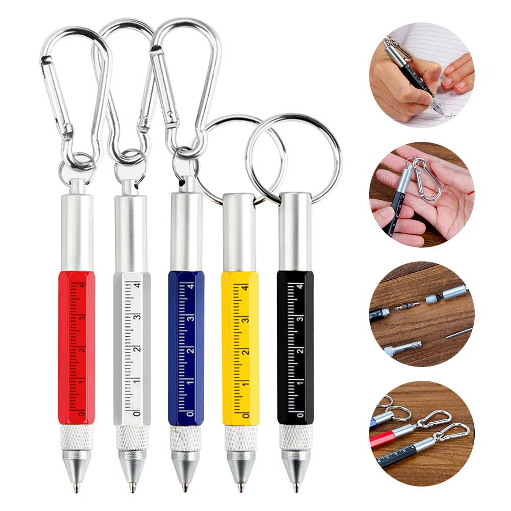 6 in 1 Metal Pen Tool with Hook Multifunctional Screw Bits Scale Ruler Ballpoint Pen Outdoor Portable Alloy Pen Tools