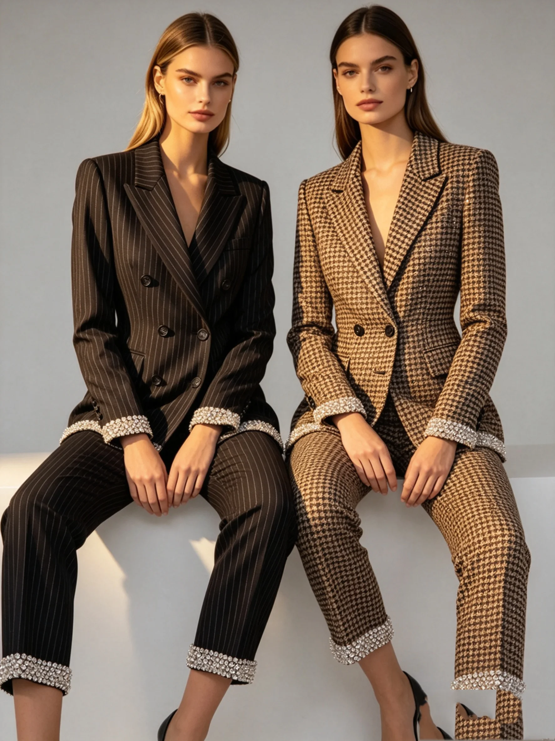 

Luxury Crystals Women Suit Set 2 Pcs Blazer Pants Houndstooth/Pinstripe Formal Office Lady Jacket Wedding Coat Customized