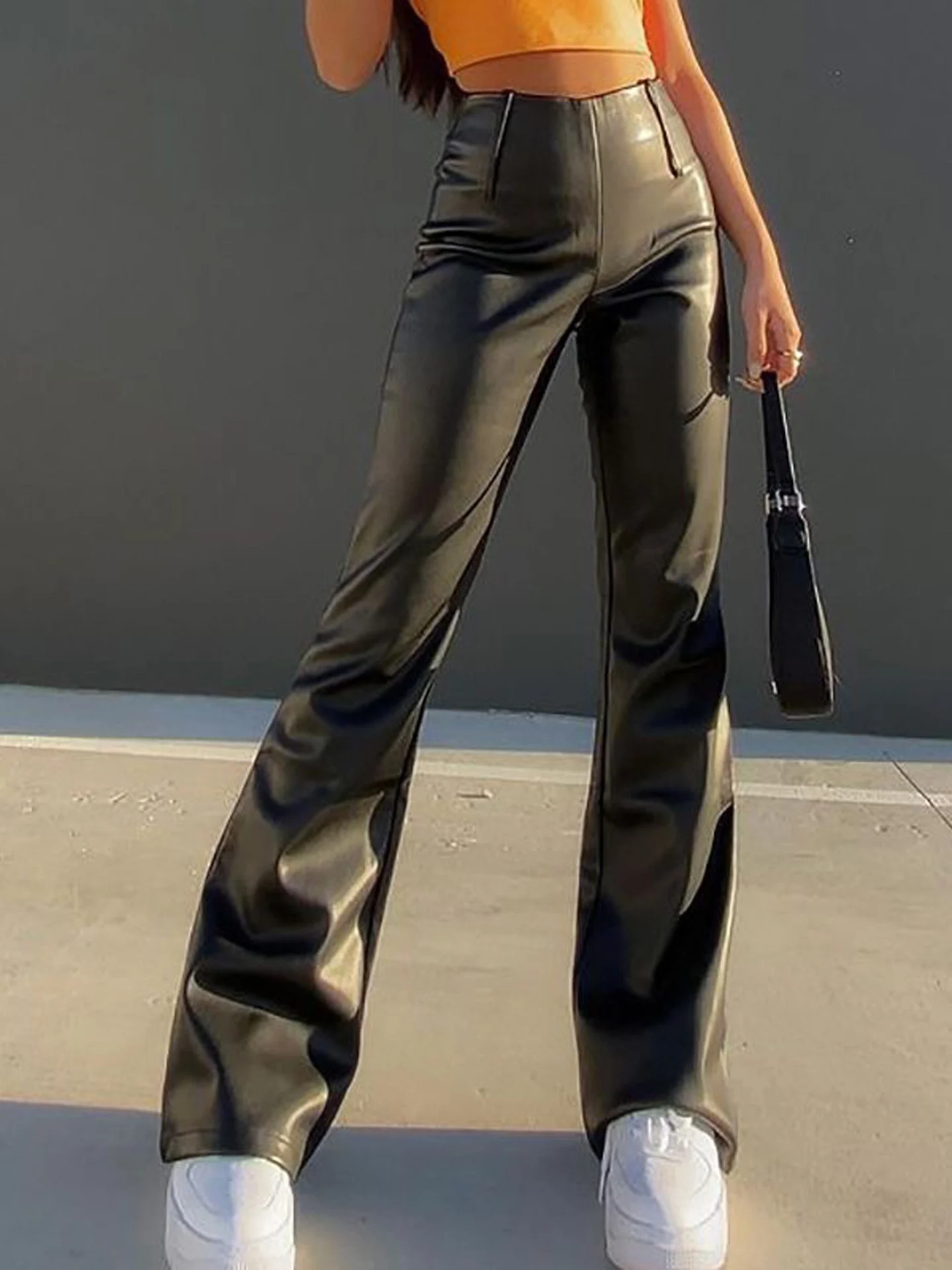 High Waist Straight Leg PU Leather Pants Women's Slimming Street Style Outerwear Micro Flared Trendy Long Trousers