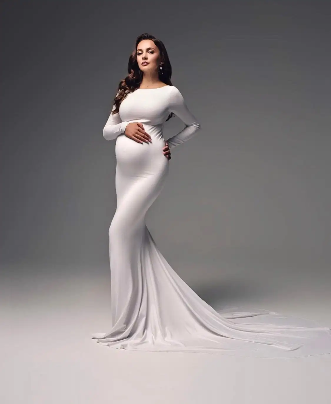 New Long Sleeve Maternity Dresses Fitted Pregnancy Dress Photo Shoot Maxi Maternity Baby Shower Photography Mermaid Gown