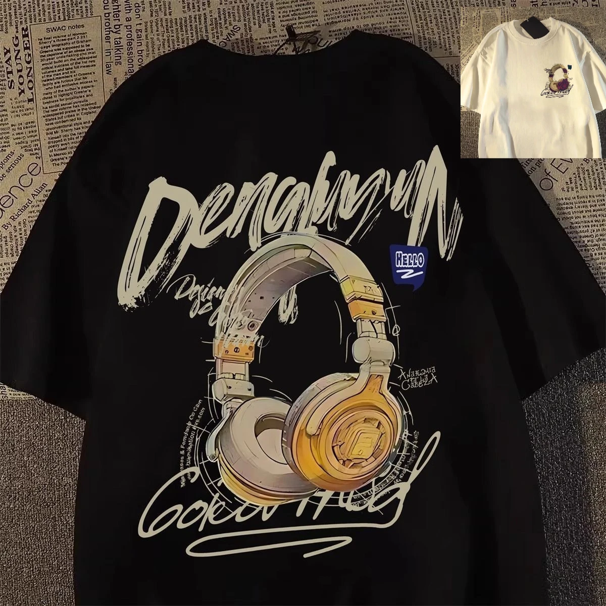 

Американская хлопковая футболка с короткими рукавами, новинка лета 2025, наушники с круглым вырезом, модный студенческий топ с половиной рукавов