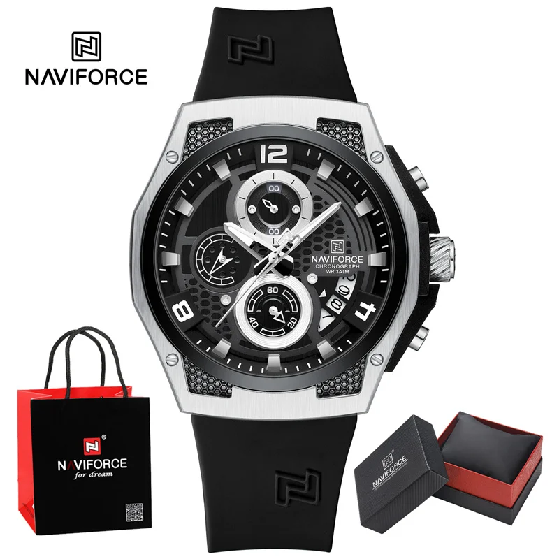 NAVIFORCE Fashion Men's Wristwatch Silicone Strap Casual Sports 3ATM Water Resistant Male Quartz Watch In Luxury Package Gifts