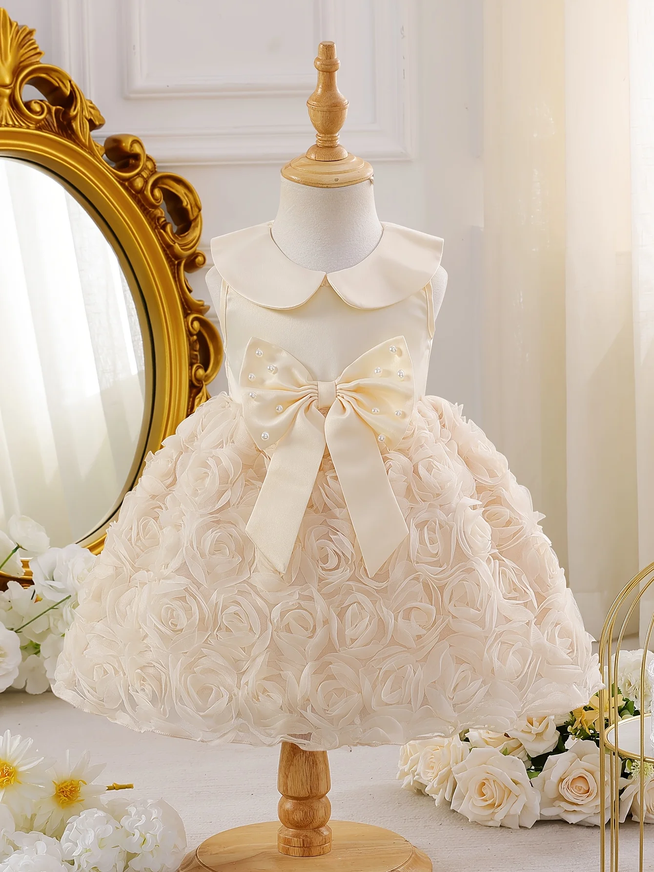 

Платье для девочки без рукавов: воротник Питер Пэн, жемчужный бант и 3D-роза из тюля | Идеальный подарок на День святого Валентина и День рождения