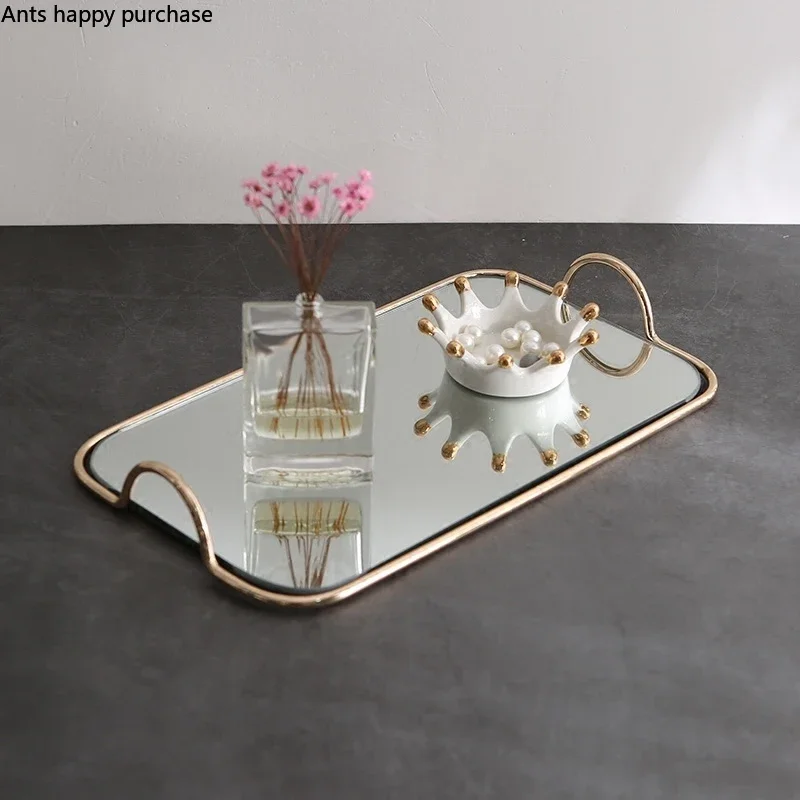 Metal Glass Mirror Storage Tray Gold Oval Dotted Fruit Plate Small Items Jewelry Display Tray Mirror 45*30cm/35*20cm