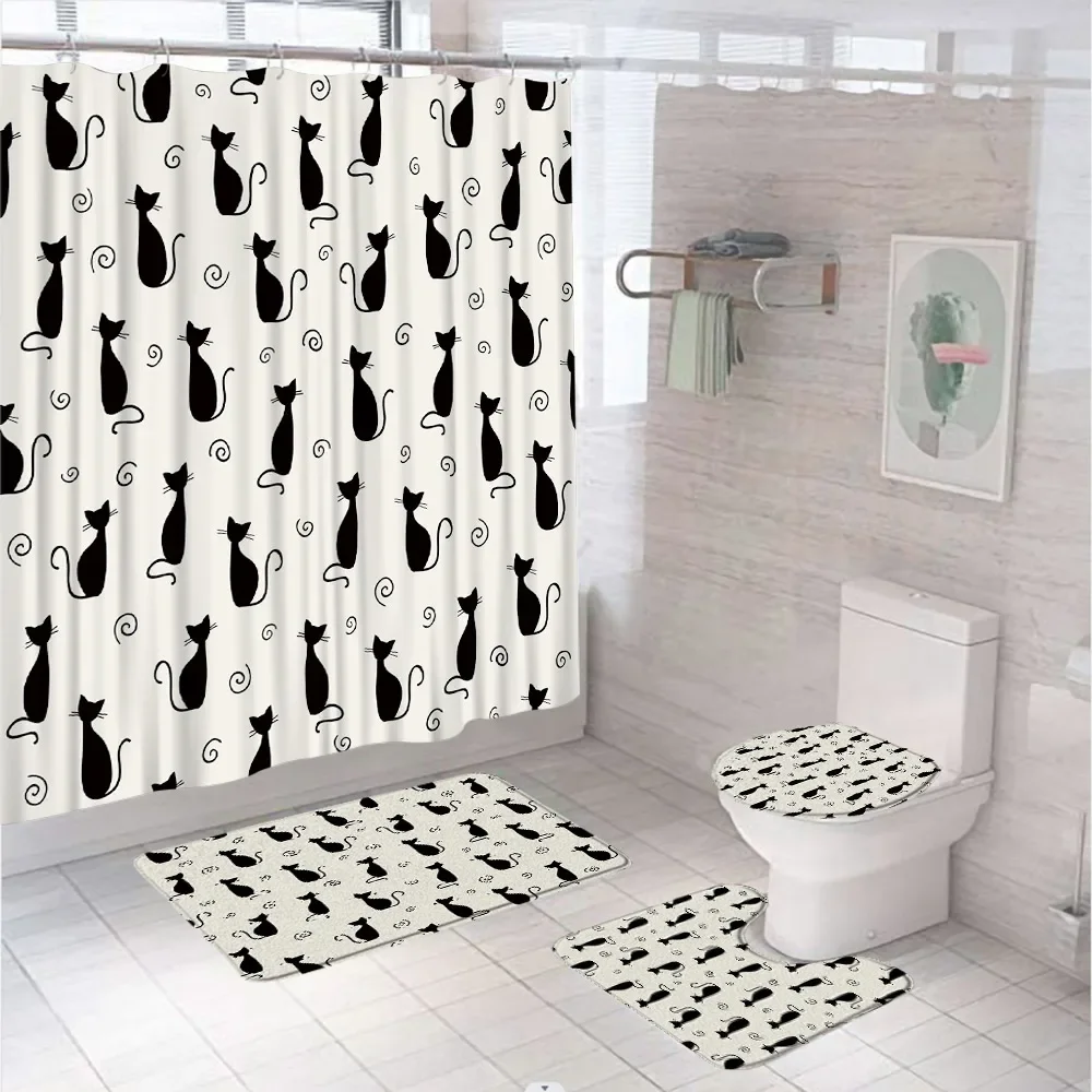 Cute Cat Shower Curtain Set with Non-Slip Rug Toilet Lid Cover Bath Mat Cartoon Lovely Animal Fabric Kids Bathroom Curtains Home