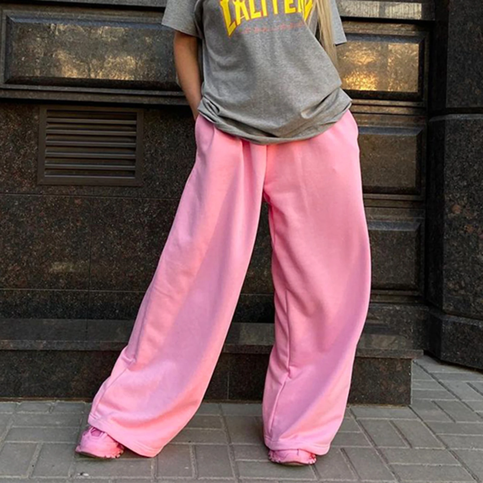 Women's Casual Baggy Pants Pink Elastic Waistband High Waist Cargo Pants Jogger Pants with Pockets Sweatpants Streetwear