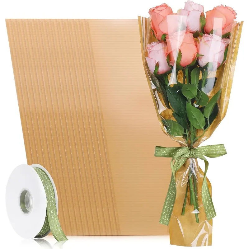 

50PCS Floral Packing Bags with Ribbon,Kraft Flower Sleeves for Bouquets,Flower Wrapping Paper for Mother's Day Wedding Birthday