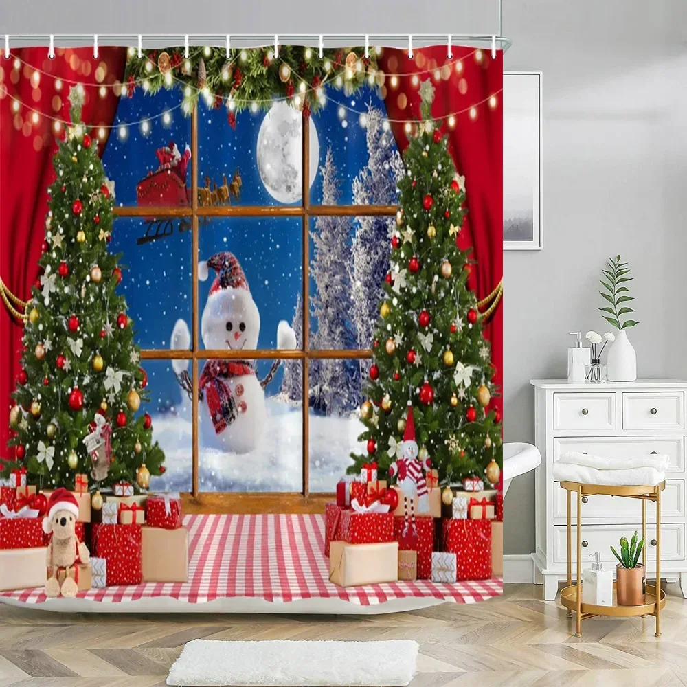 Merry Christmas Shower Curtain Christmas Home Decor Father Christmas Gift Simulation Window Snowy Washable Shower Curtains Decor