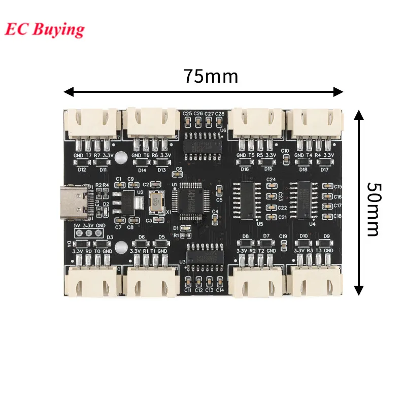 USB to 8-way 8 Channels RS232 232 TTL Serial Port Module CH348 Multi Ways Type C to 8-way UART HUB PCB Expansion Board YR-6018