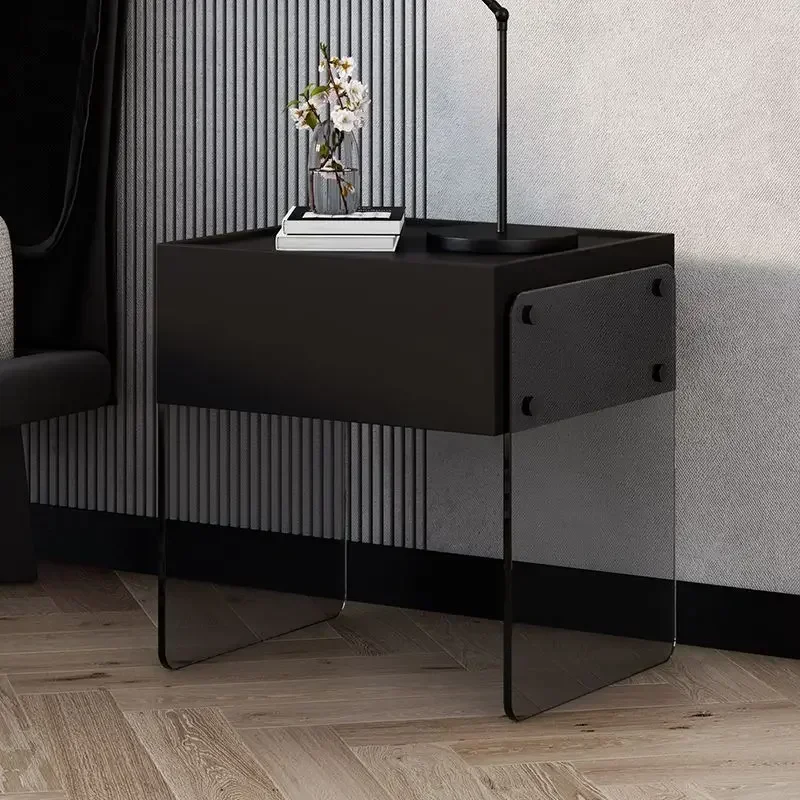 Minimalist High-end Bedside Table for Hotel Floating Glass with Drawer Nightstand Italian Light Luxury Night Table for Apartment