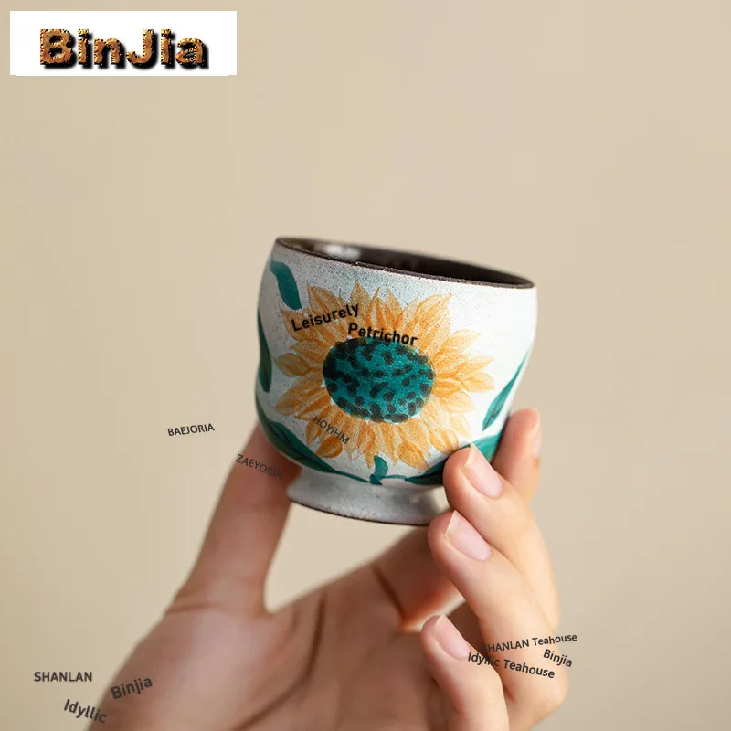 BAEJORIA 80ml Hand-painted Sunflower Gourd Teacup Luxury Tea Bowl Sample Tea Cup Tea-tasting Fragrance Cup Jianzhan Master Cups
