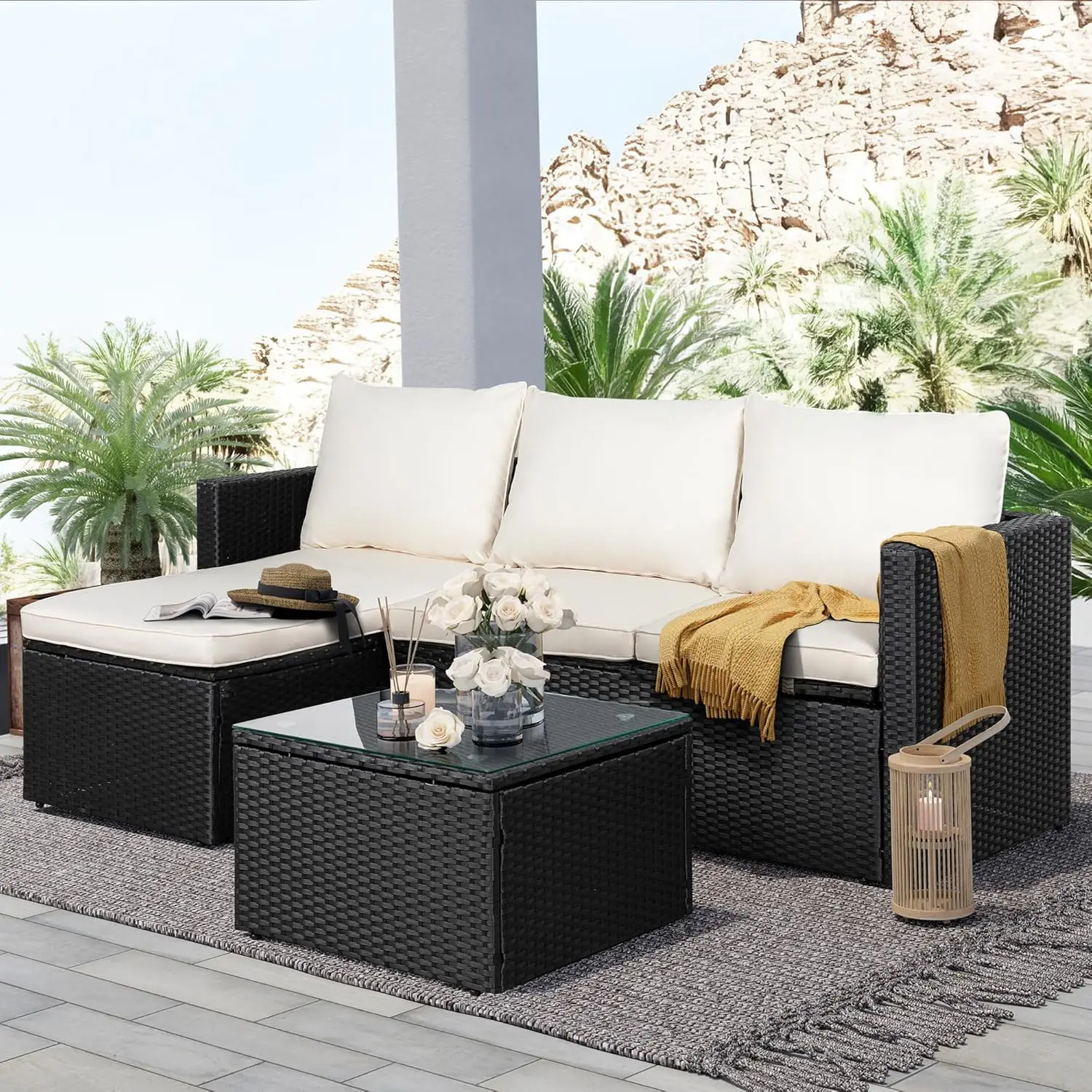 

3-Piece Patio Sectional Sofa, Patio Furniture Set with Detachable Soft Cushions, Outdoor PE Rattan