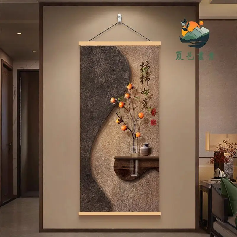Wall Art Aesthetic Room Decor | Chinese Zen Style Persimmon Scroll for tatami hotel Entryway Living Room Hallway Aesthetic Home