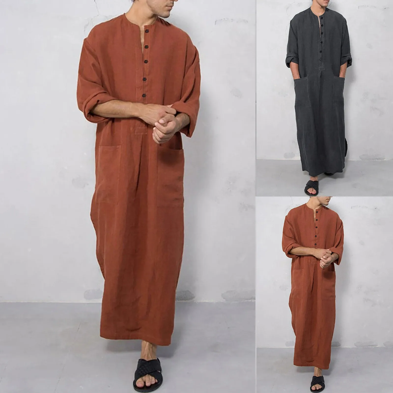 Men'S Saudi Arabic Clothing Casual Button-Down Round Neck Long Sleeve Robe Ramadan Muslim Dress Middle  Islamic Clothing