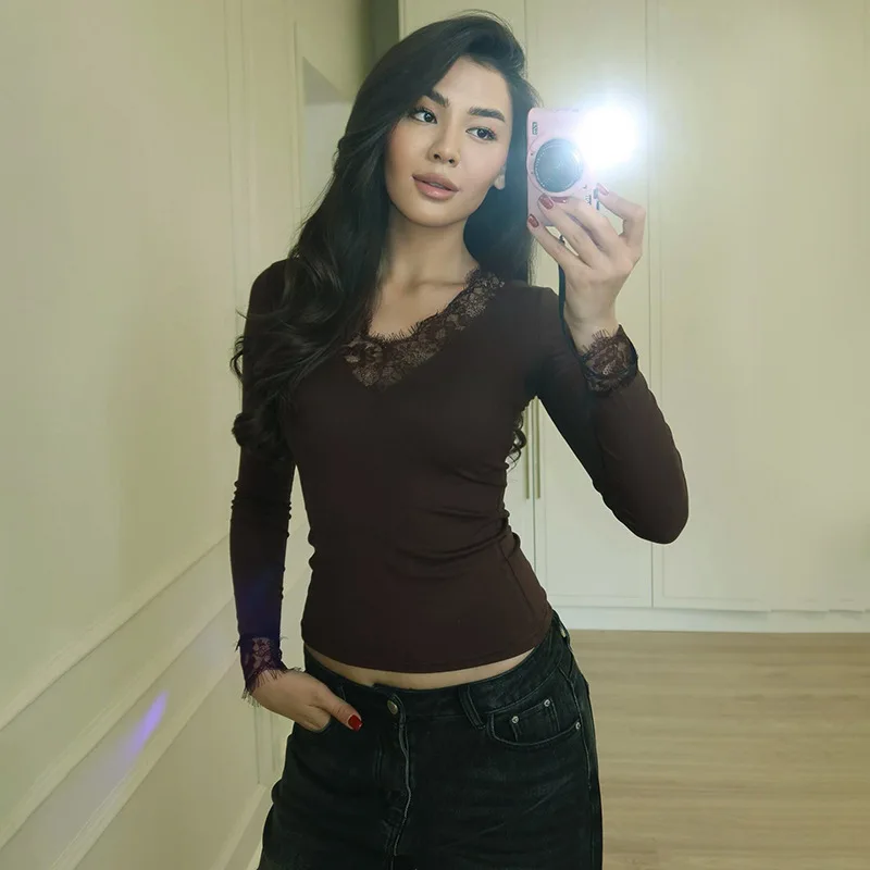 Wimpernspitzen-V-Ausschnitt Langarm-Shirts für Damen, Weiche Dehnbare Mesh Slim-Fit Basis-Oberteile, Herbst Tägliche Büro-Layering-Bluse – Detail 6