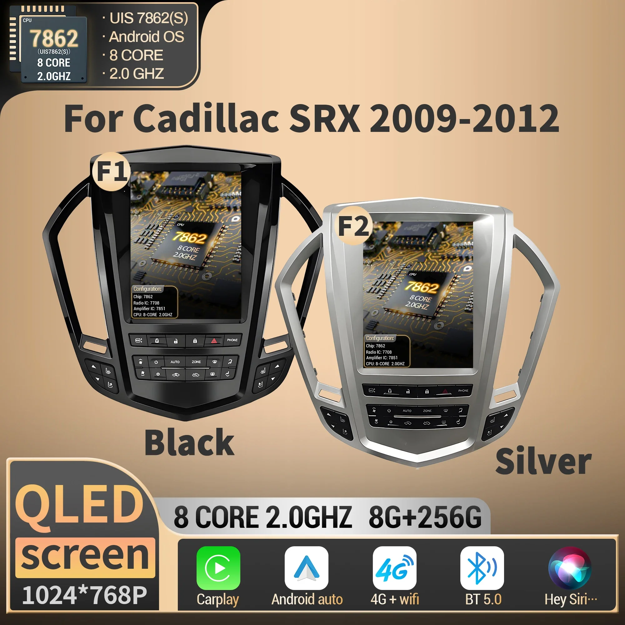 9.7 Inch Android Car Multimedia Stereo Navigation GPS BT Carplay Radio Head Unit for Cadillac SRX 2009-2012 QLED Screen