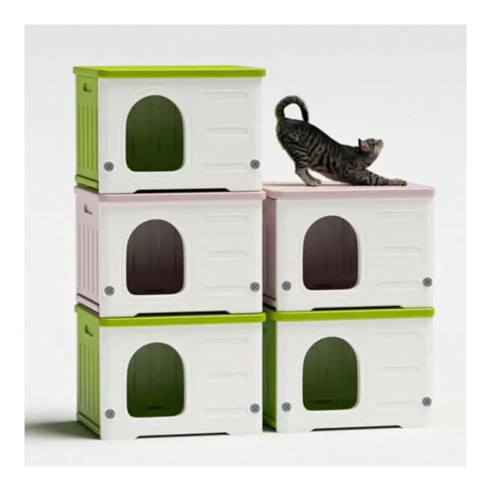 Cat House For Outdoor Indoor Use Stackable Feral Cat Shelter Indoor Cat House Weatherproof Waterproof Elevated Green