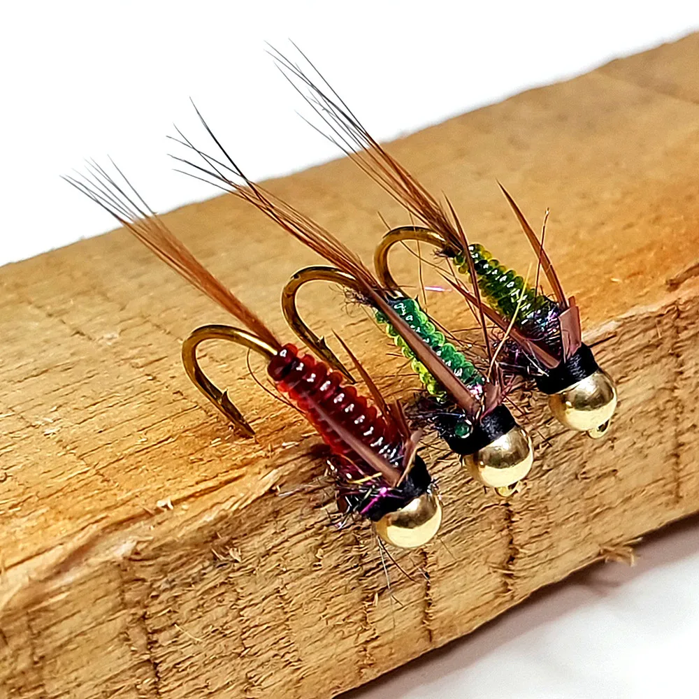 15pcs Fast Sinking Nymph Scud Flies Brass Copper Bead Head Fly Fishing Lure for Walleye, Trout, and Bass