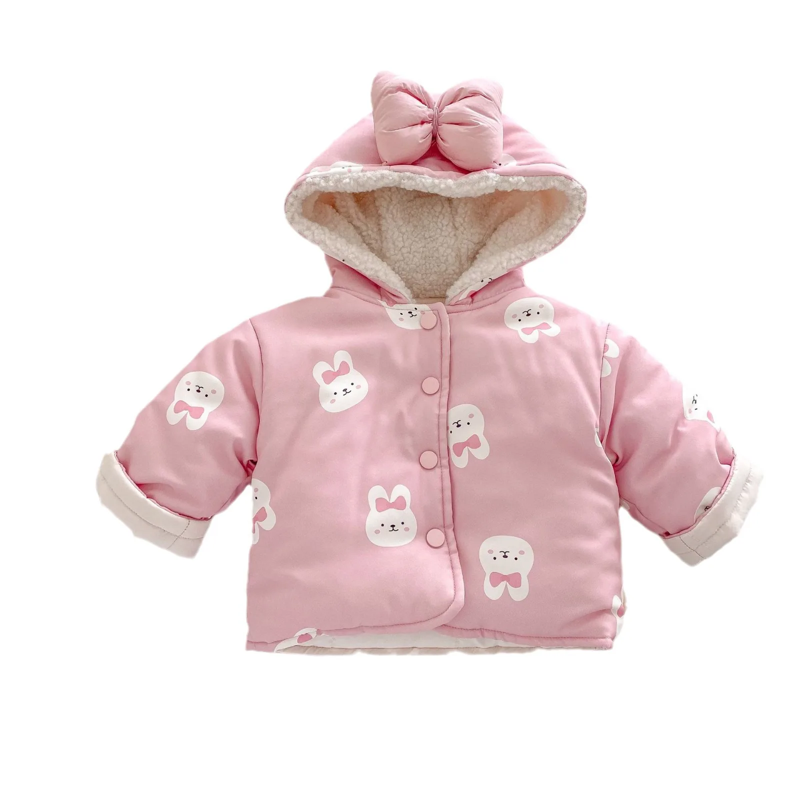 2024 Winter New in Kids Baby Girls Thicken Plush Warm Outwear ,toddler Children Cute Cartoon Bunny Hooded Top Jacket 0-5Y