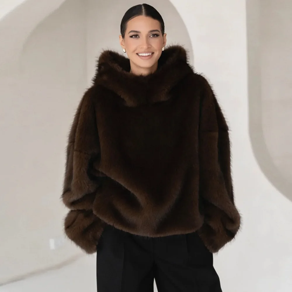 VGH Luźny płaszcz ze sztucznego futra z kapturem dla kobiet, długi rękaw, patchworkowa kieszeń z przodu, kurtka z imitacji futra lisa, damska, zimowa