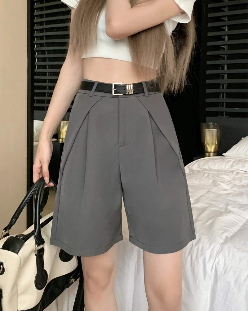 Casual Fashion Gray Suit Shorts Women Elastic Waist Thin Loose Straight Soft Versatile A-Line Quarter Pants