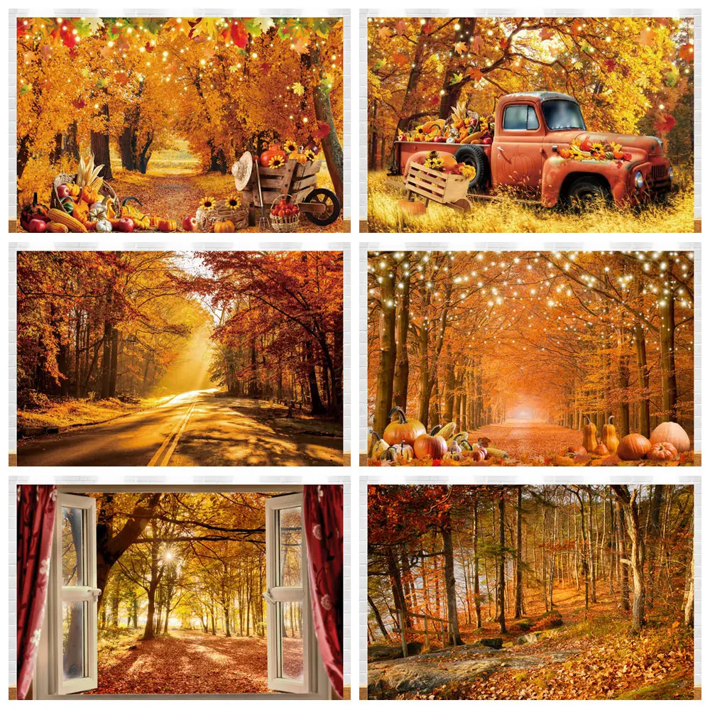 

Autumn Forest Photography Backdrop Fall Golden Maple Leaves Road Landscape Wedding Baby Shower Party Portrait Photo Background