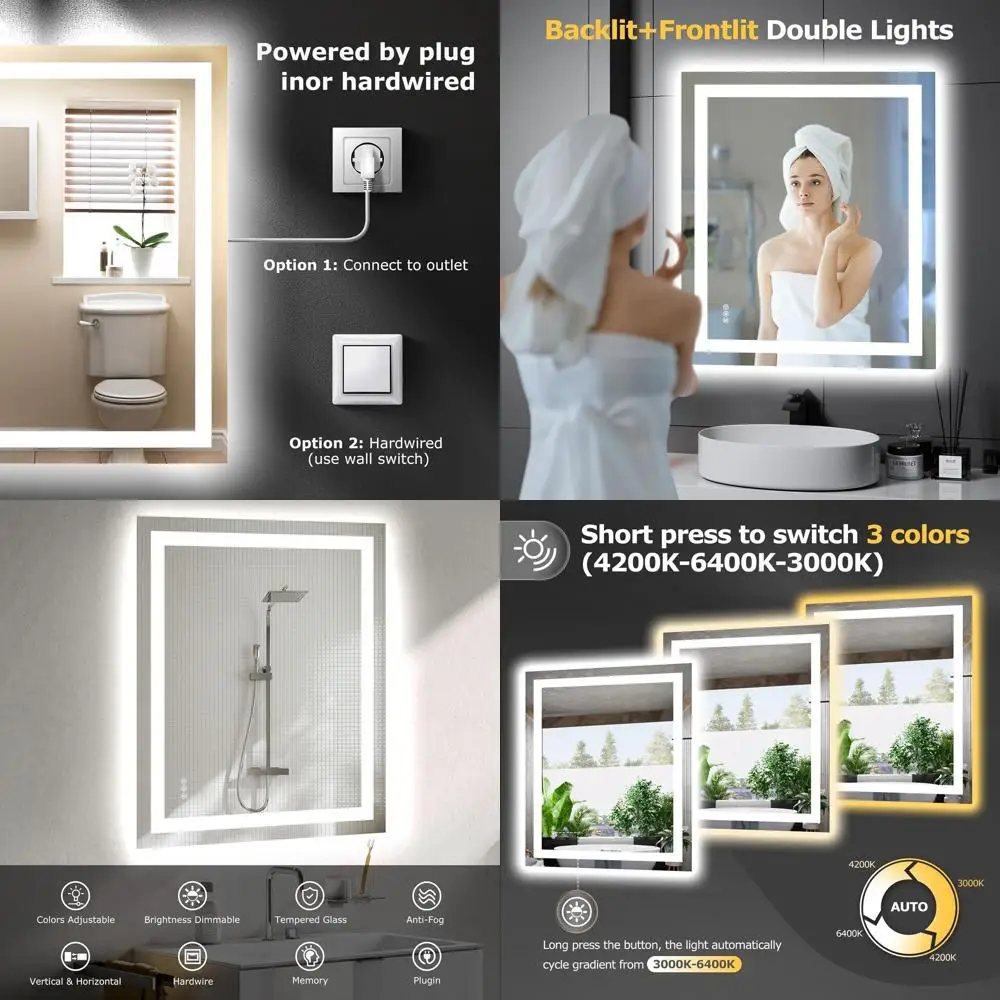 

Dimmable 30x36 LED Bathroom Mirror, Anti-Fog, Backlit & Front Lit, Smart Vanity Mirror with Memory Function, Shatterproof Temper