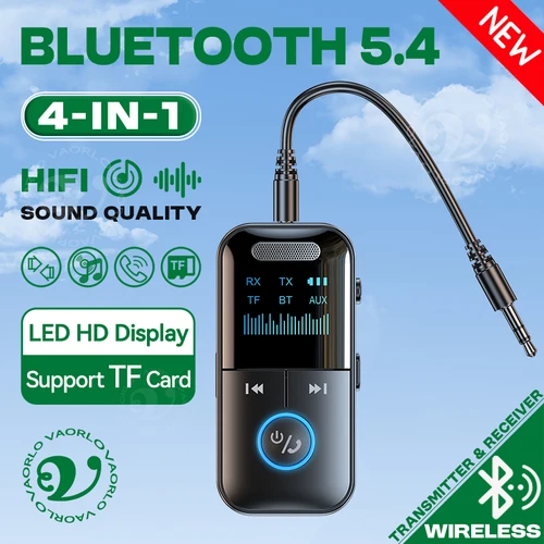 Imagen 1 del producto Transmisor receptor de Audio 4 en 1 Bluetooth 5,4, tarjeta AUX TF de 3,5 MM, música estéreo, pantalla LED, adaptador inalámbrico con micrófono para TV de coche