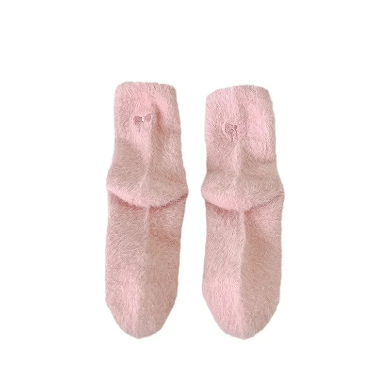 Embroidery Bow Plush Women Socks Winter Warm Sleep Mink Fur Floor Socks Girls Mid Tube Stockings Indoor Thermal Slipper Footwear