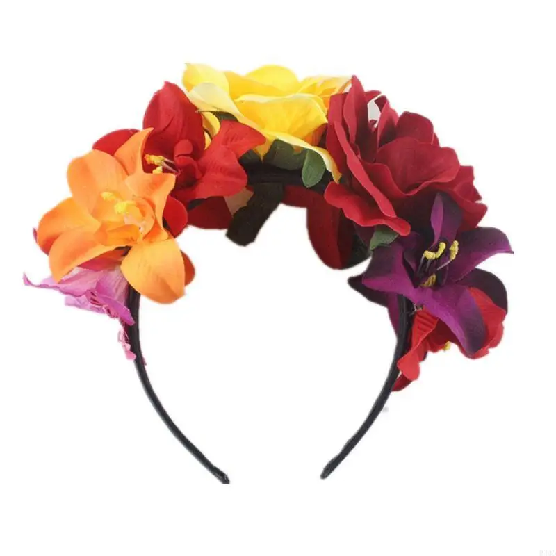 

340D Women Day of The Dead Headband Artificial Contrast Color Rose Flower with