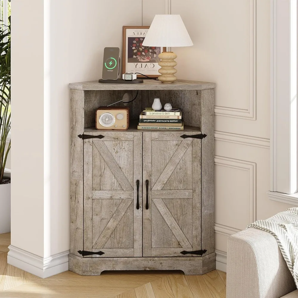 Vabches Farmhouse Corner Cabinet with Charging Station, Grey | Small Corner Storage Cabinet, Barn Doors, Adjustable Shelves, For Living Room, Bathroom, and Kitchen