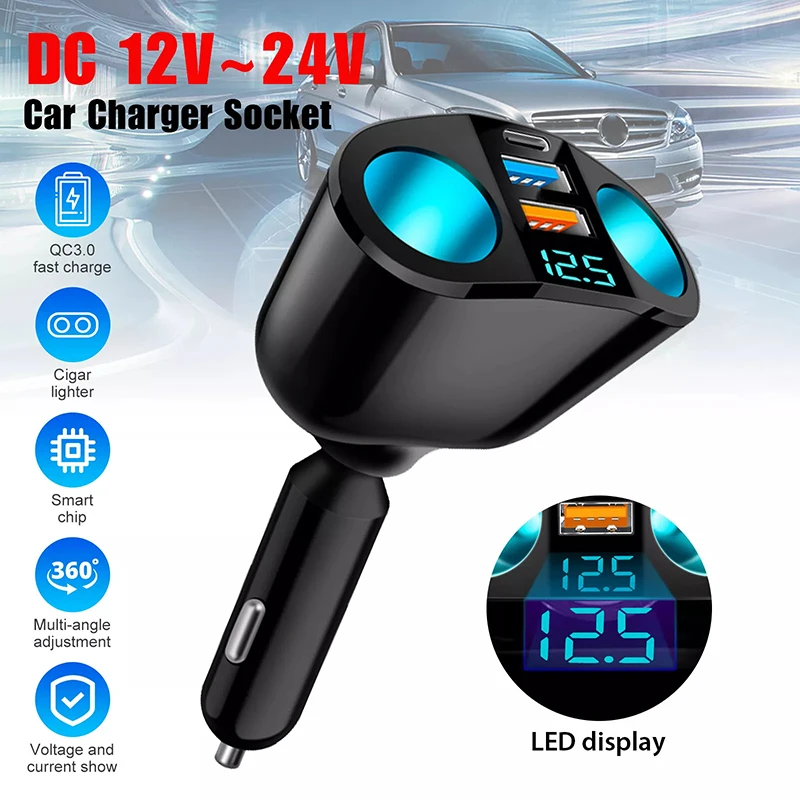 

360° Rotation 120W Car Charger Dual USB Type C Port Super Fast Charging Adapter