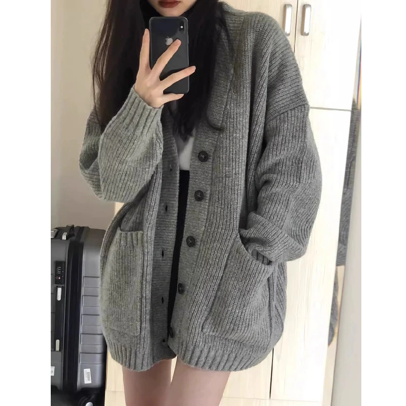 Cardigan aperto V-Ne senza palloncino Maglione lavorato a maglia lungo Sve per donna Autunno Inverno Vestibilità regolare Pezzo singolo Faion