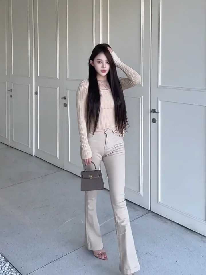 

Khaki Versatile High Waist Slimming Denim Jeans Women's Elastic Butt Lifting Pants Straight Leg Jeans Cotton Stretch Denim