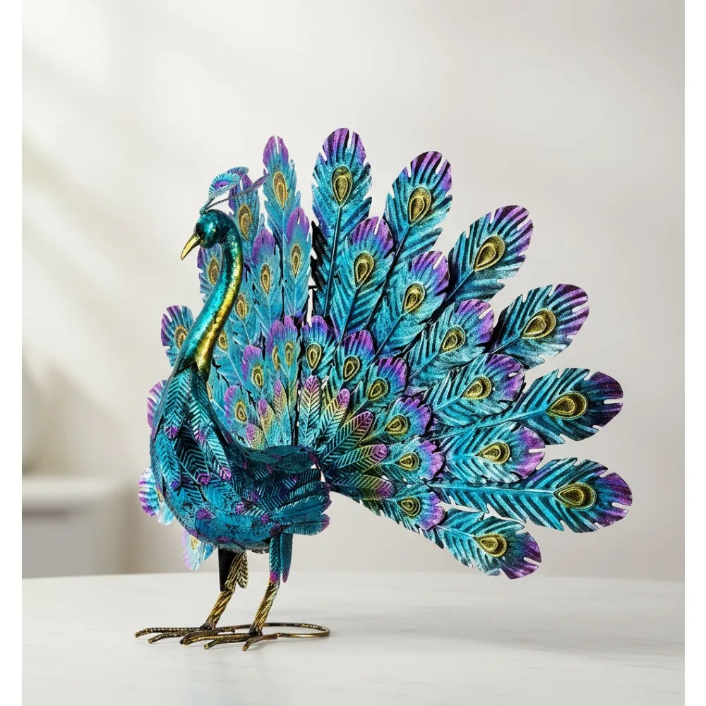 

23" Tall Vibrant Metallic Peacock Garden Statue for Outdoor Patio Lawn Decor