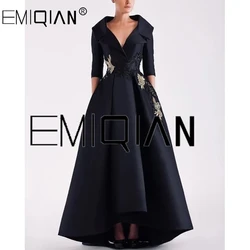 Luxury Black Evening Dress V-Neck Half Sleeve Appliques Floor Length Satin Pleat Formal Occasion Elegant Women Special Party