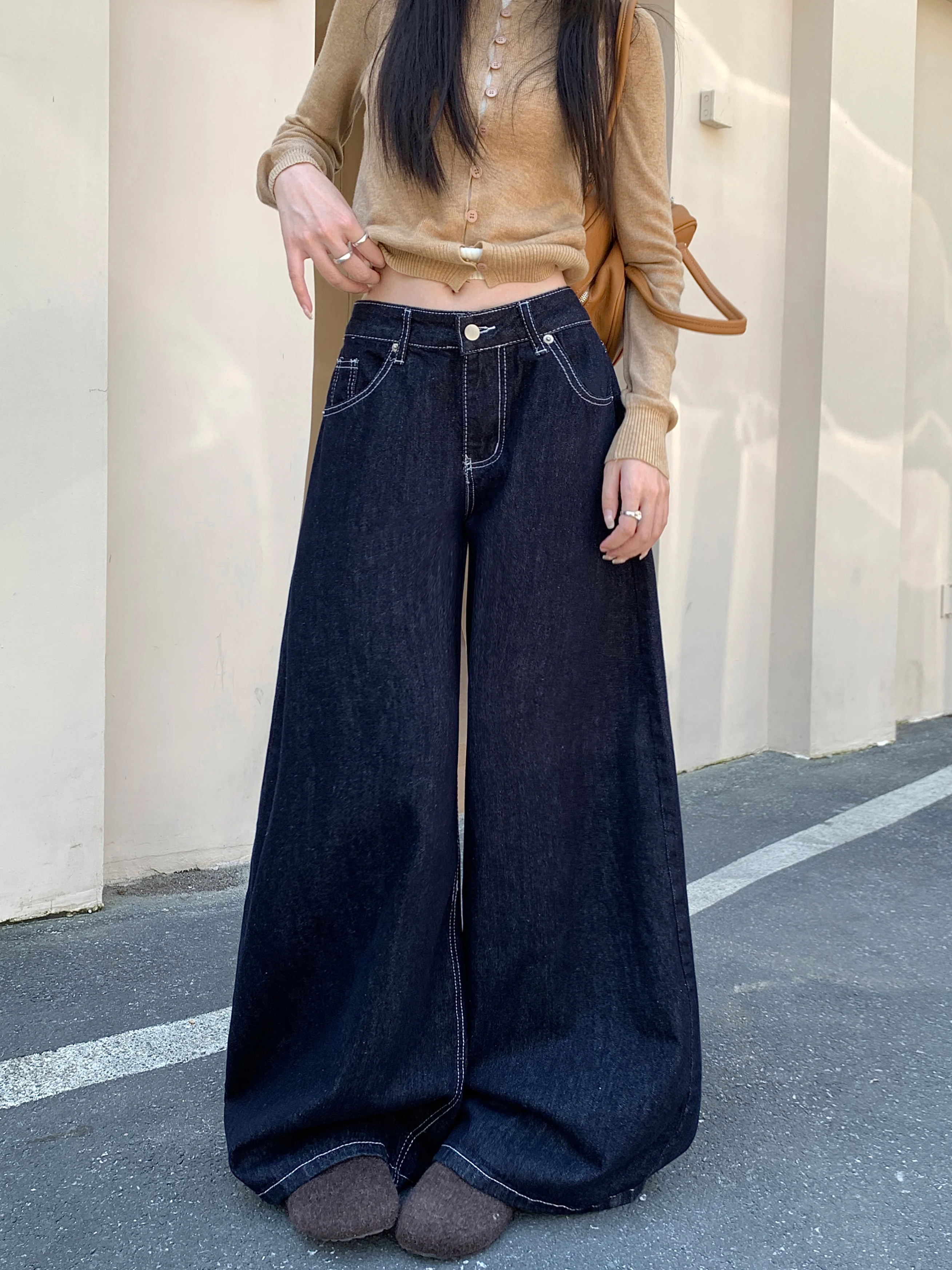 FIGOHR Vintage Embroidered Denim Color Jeans Women High Waist Straight Loose Wide Leg Pants spring summer 2025