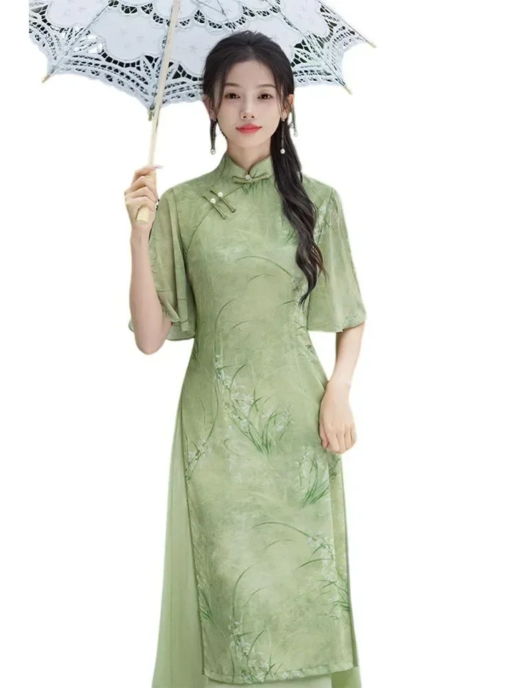 High-end Modern Cheongsam Dress Green Women\'s Clothing 2024 Improved Retro Chinese Traditional Elegant Chiffon Dress Pink Qipao
