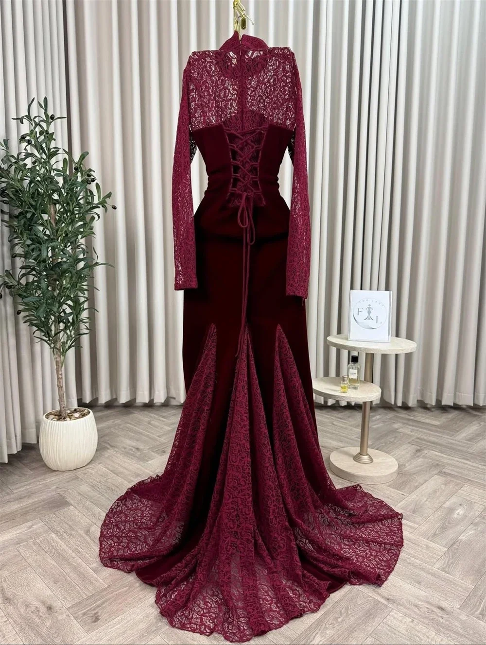 Burgundy Velvet Mermaid High Neck Evening Formal Dress 2026 Corset Long Sleeve Lace Request Prom Dresses Pageant Party Gowns