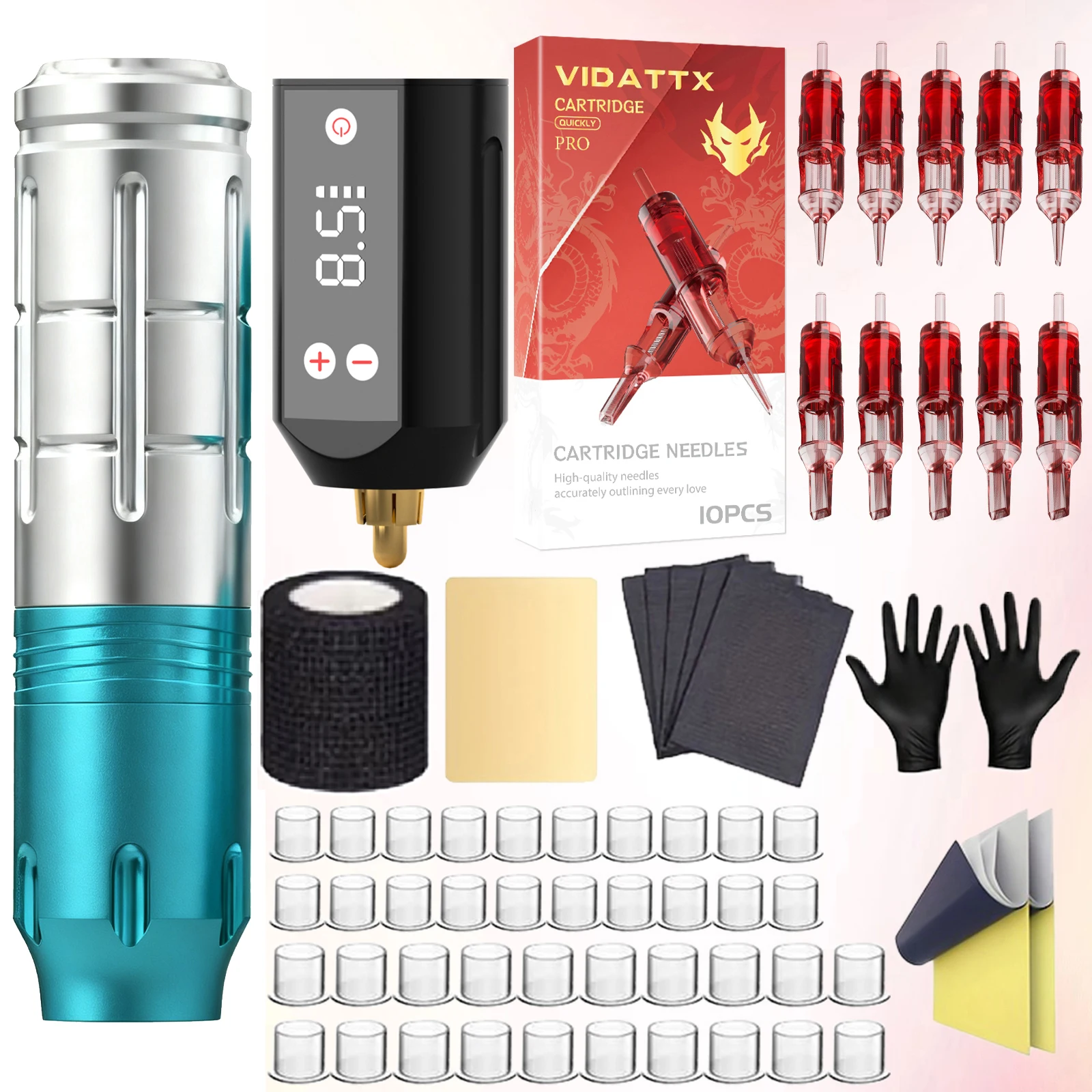 Tattoo Kit TRO Legering Tattoo Pen Kit voor permanente make-up Tattoo Machine Kit Nieuwe blauwe draadloze tattoo-voeding Tattoo Gun Kit