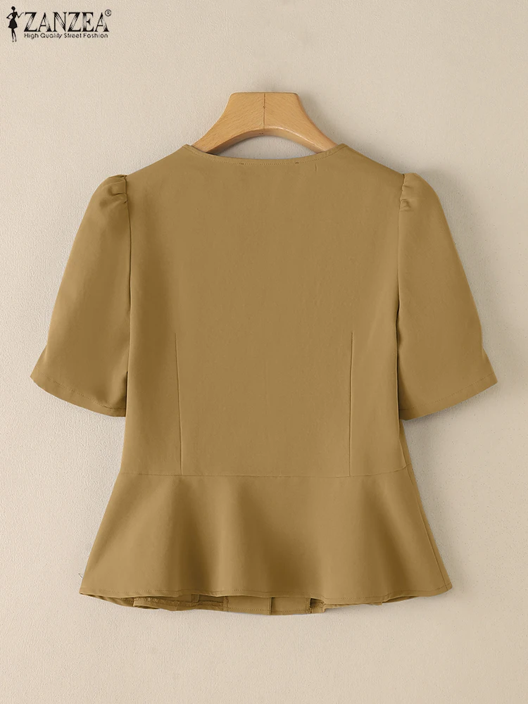 2025 Summer Office Shirt ZANZEA Women Short Puff Sleeve Work Blouses Elegant Solid Slim Fit Blusas Casual Buttons Up Tunic Tops