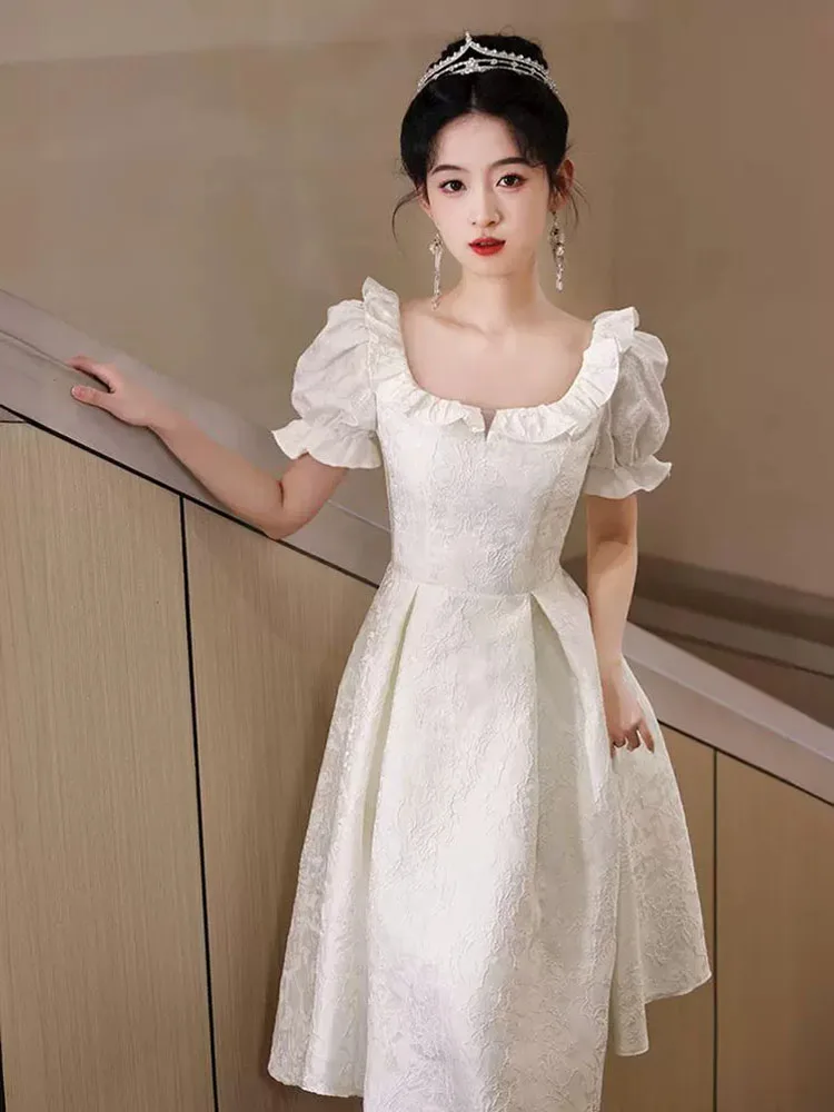 

White Jacquard Satin Evening Dress Elegant Lace Square Collar Wedding Party Gown Sweet Puff Sleeves Mid A-Line Princess Dresses