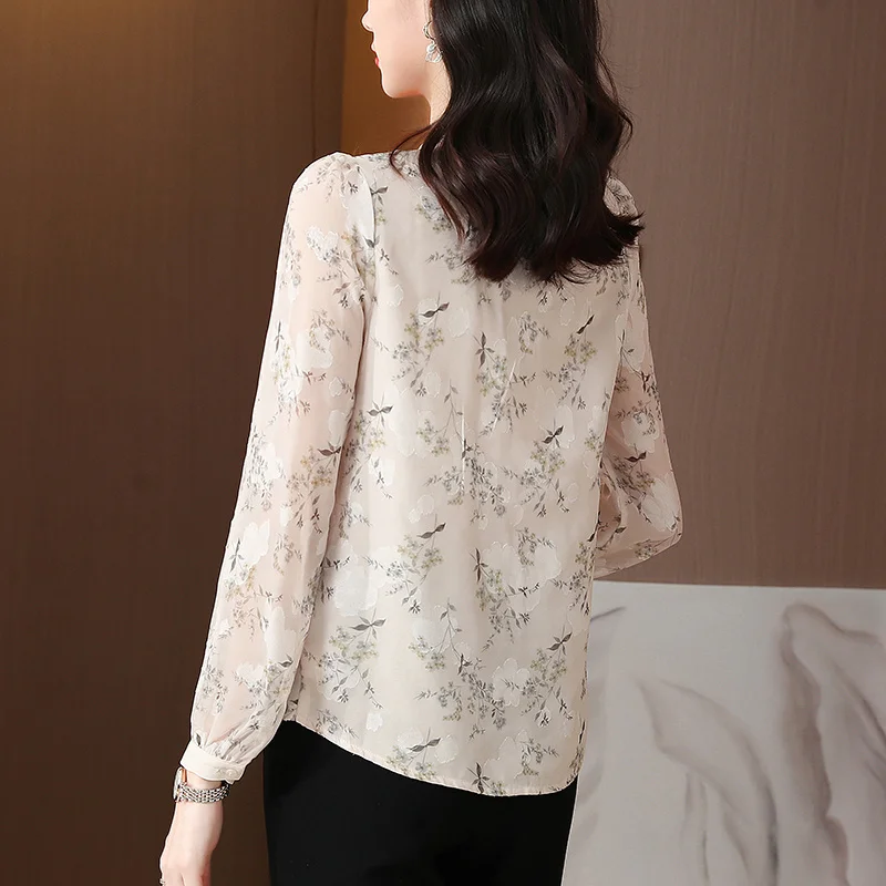 #2527 Flower Printed Chiffon Blouse Women Bow Collar Vintage Blouses Ladies Long Sleeve Office Retro Womens Blouses And Tops