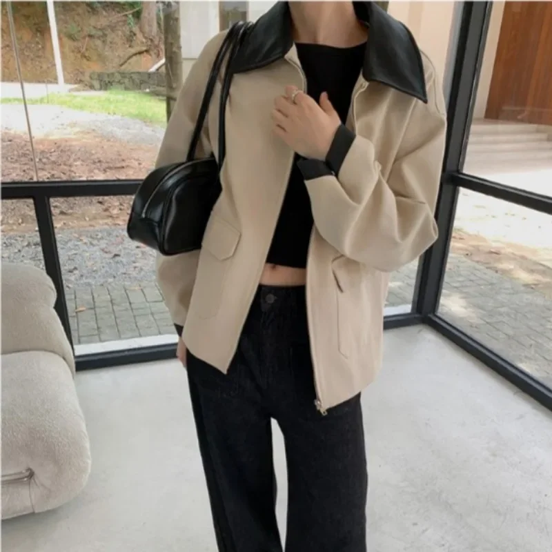 2024 Fall / Autumn New Women Fashion Ivory Basic Leather collar Jacket Short Coat lapel jacket Loose Long Sleeve Casual Jacket