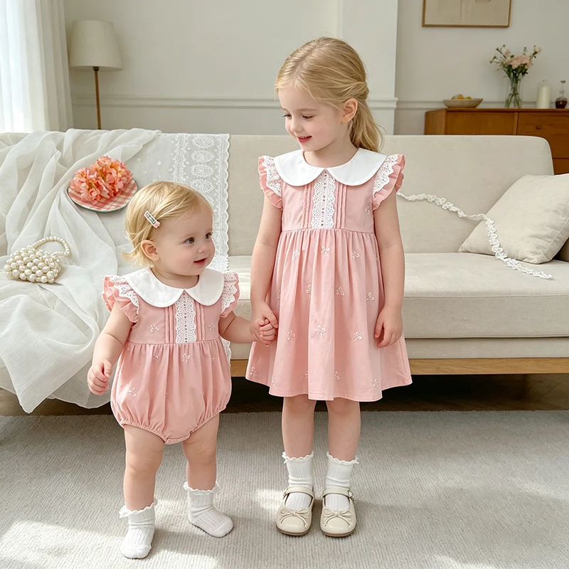 2026 Neuer Sommer 0-24M Säuglings-Baby-Strampler Ärmelloser Baumwoll-Baby-Mädchen-Body 2-6 Jahre Kinder Prinzessinnen-Druckkleid Schwester-Kleidung