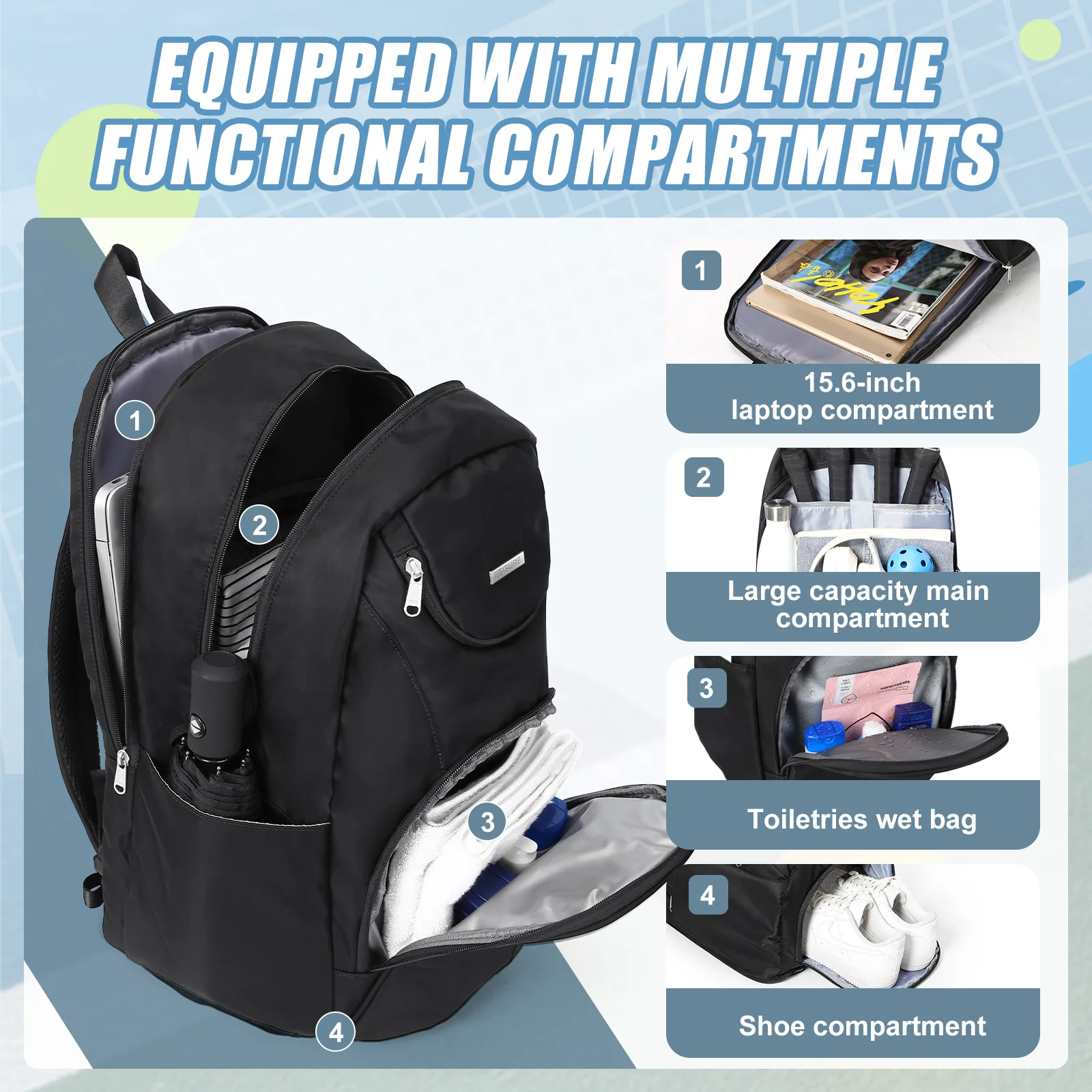 Tennis Bag Tennis Backpack 2 Rackets for Women Men Large Bags with Muilt Pocket Shoe Compartment Sports Backpack Travel Backpack view 2