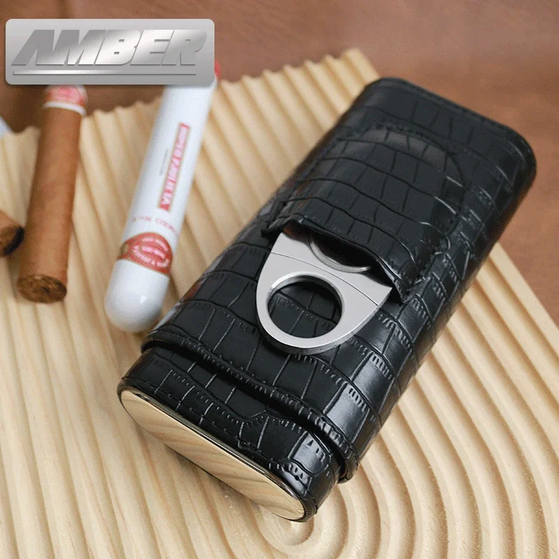 Cigar Case 3- cigars tubes Leather  Travel Portable Humidor with Cedar Wood Lined with Stainless Steel Cigars Cutter