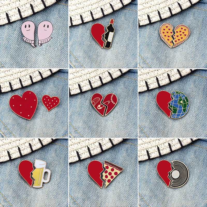 2pcs/set Broken heart globe semi-circular pizza cup wine bottle Enemel Pins Denim  BagCoat badge Fashion Jewelry for kids women