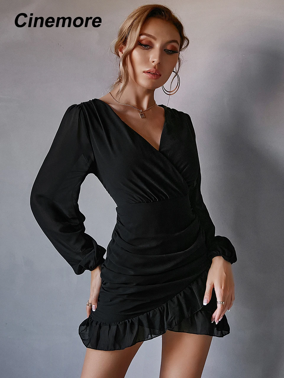 Cinemore Party dresses women evening Surplice Neck Ruched Wrap Ruffle Hem Dress Women's Fashion Dresses for weddings MM1138JM